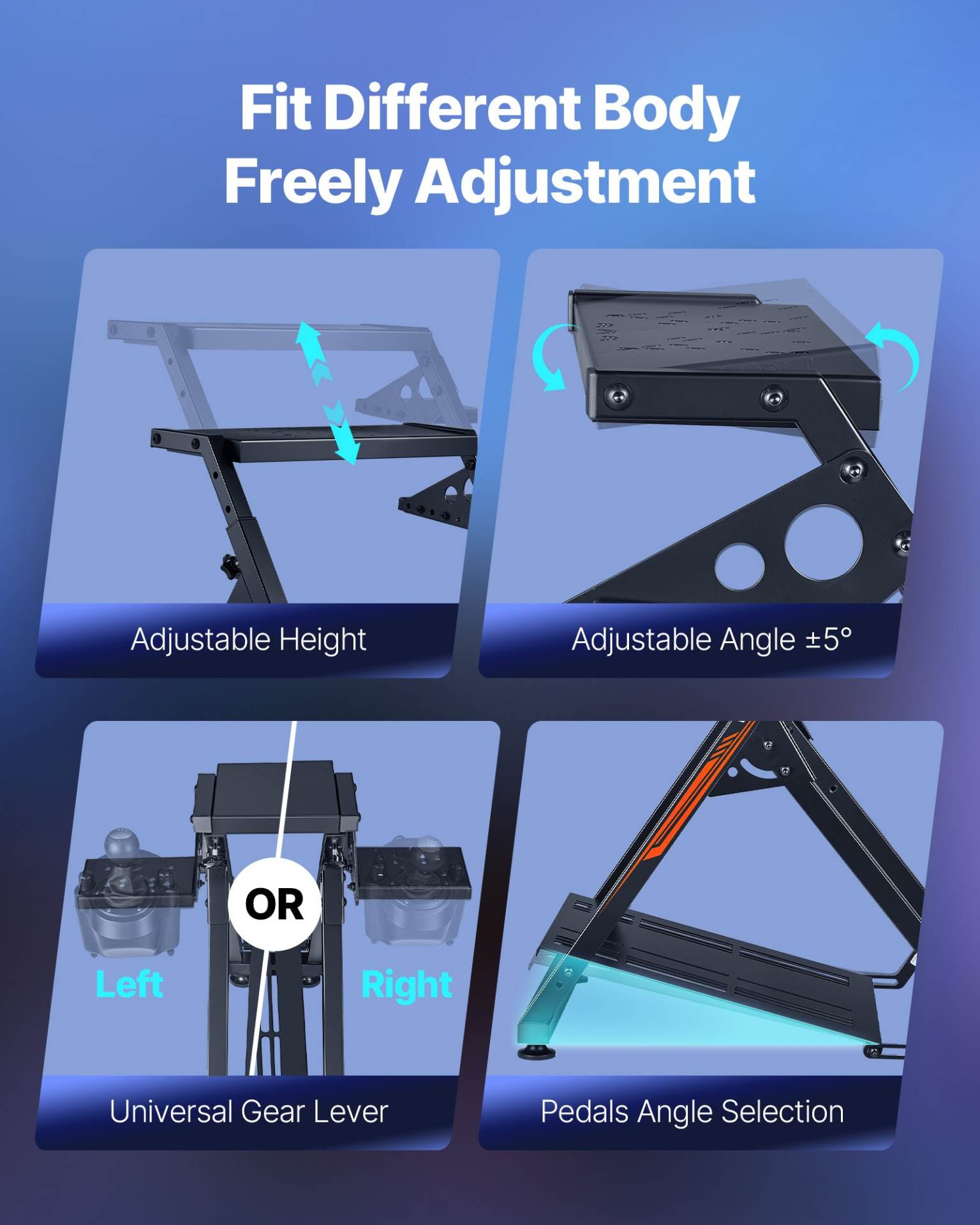 Start2Finish VEVOR racing wheel stand for Logitech, Thrustmaster, and F1/GT simulators, adjustable, foldable, with pedal supports, electronics.