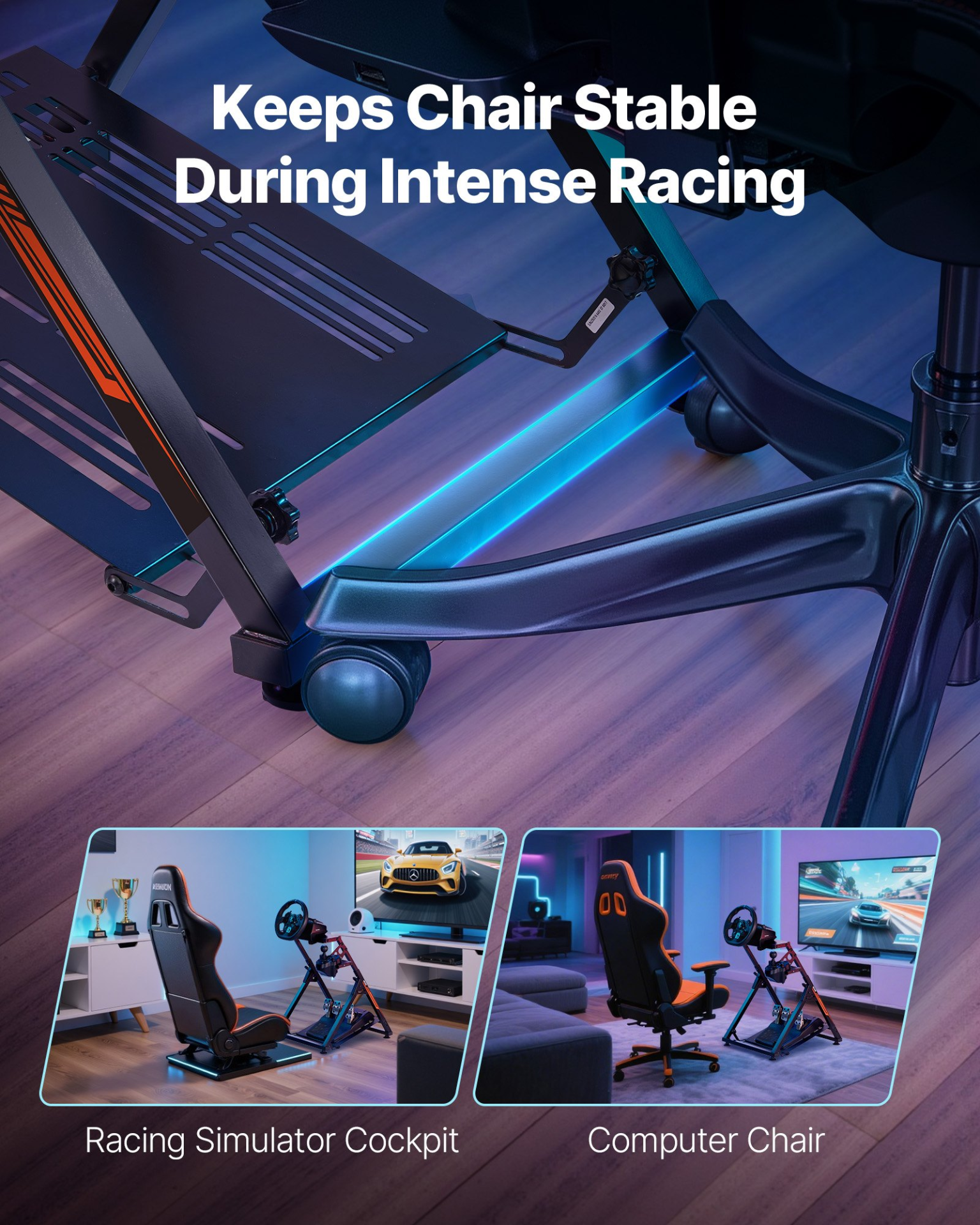 Start2Finish VEVOR Racing Wheel Stand for Logitech and Thrustmaster gaming simulators, foldable and adjustable for racing setups.