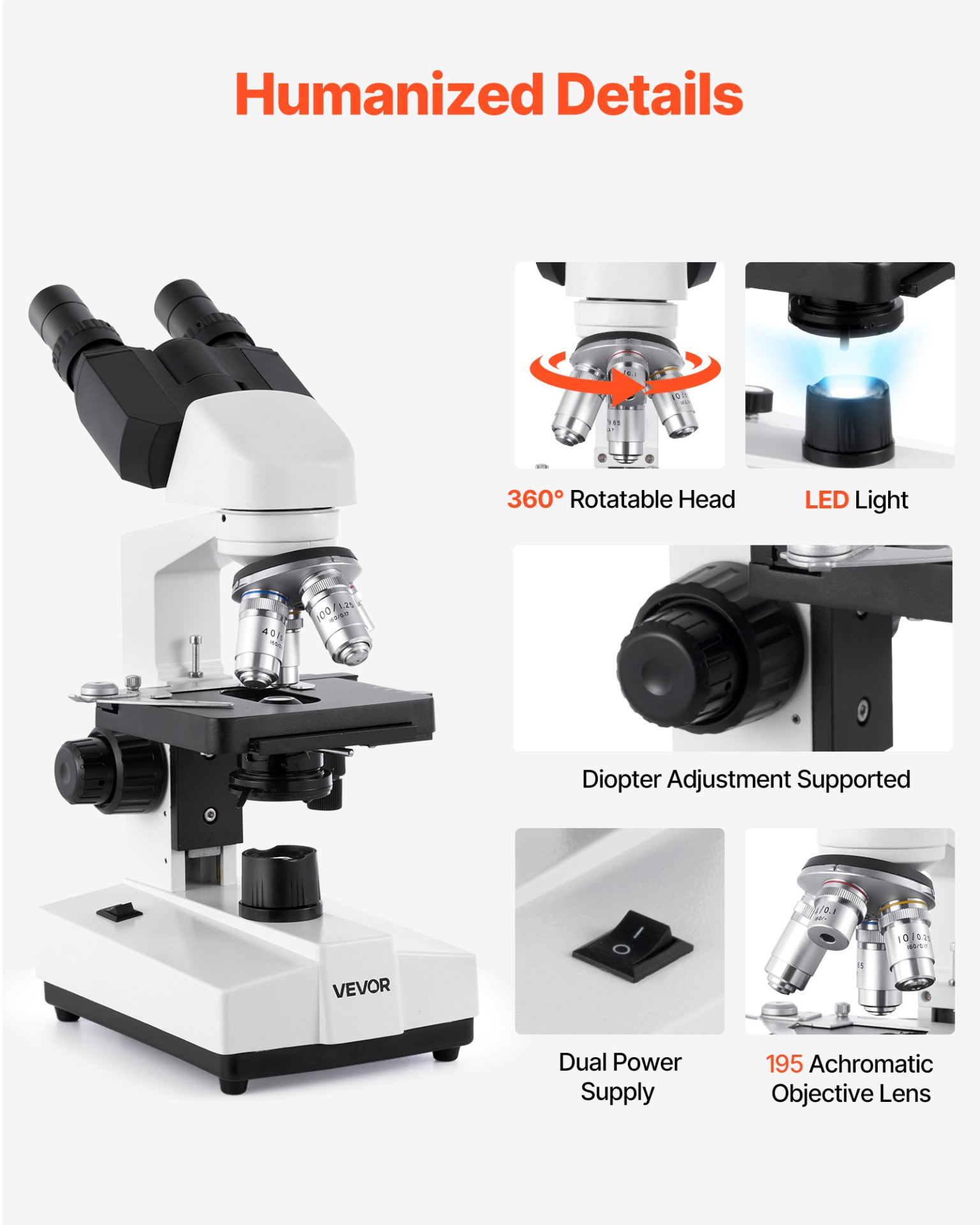 Start2Finish VEVOR binocular compound microscope with 40-5000X magnification, LED light, dual stage, and phone holder for educational use.