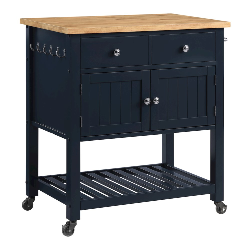 Blue finish Stirling Kitchen Cart from Start2Finish featuring storage shelves and a sturdy wooden top for versatile kitchen use