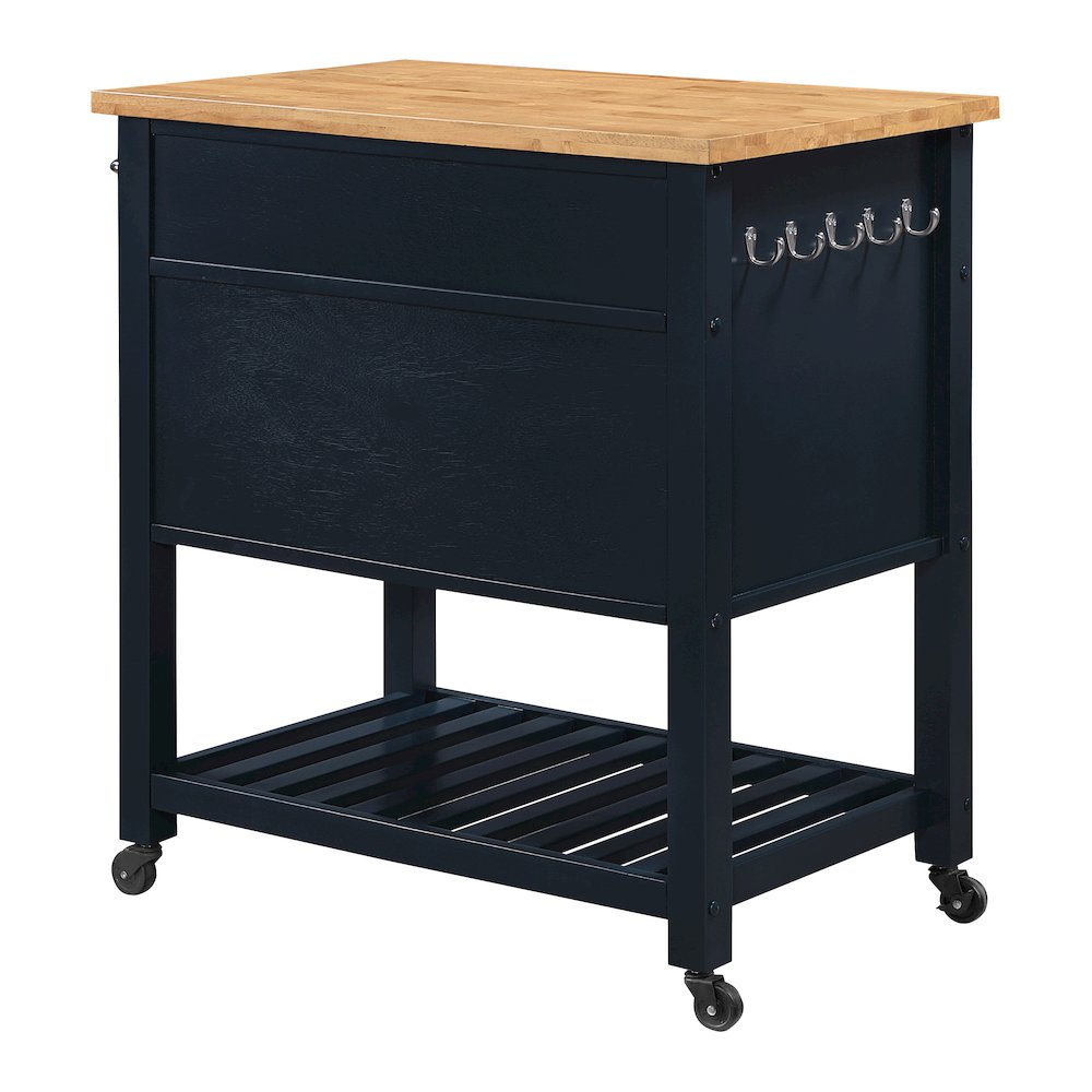 Start2Finish Stirling Kitchen Cart in vibrant blue finish, featuring a sturdy wooden top and storage shelves for versatile kitchen use.