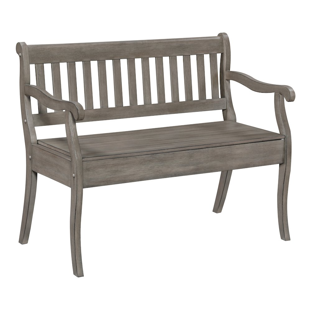 Wakefield entryway storage bench by Start2Finish with a goldstone finish, featuring a cushioned seat and storage compartments.