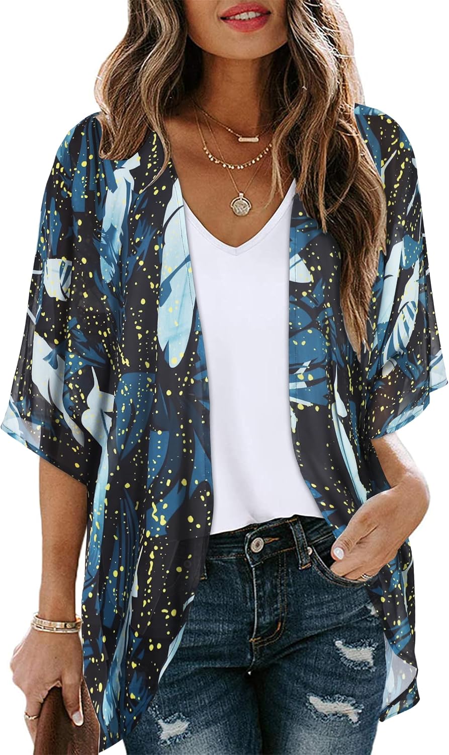 CHICGAL Womens Floral Kimono Cardigan Beach Cover Up Casual Summer Tops | 2026 Puff Sleeve Open Front Chiffon Outfit,Hawaiian Shirt,Beach Vacation Swimwear, Plus Top,Boho ladies Blouse,Cruise Resort