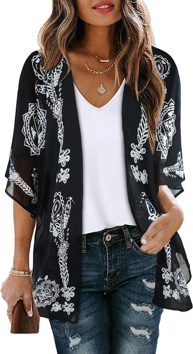 CHICGAL Womens Floral Kimono Cardigan Beach Cover Up Casual Summer Tops | 2026 Puff Sleeve Open Front Chiffon Outfit,Hawaiian Shirt,Beach Vacation Swimwear, Plus Top,Boho ladies Blouse,Cruise Resort