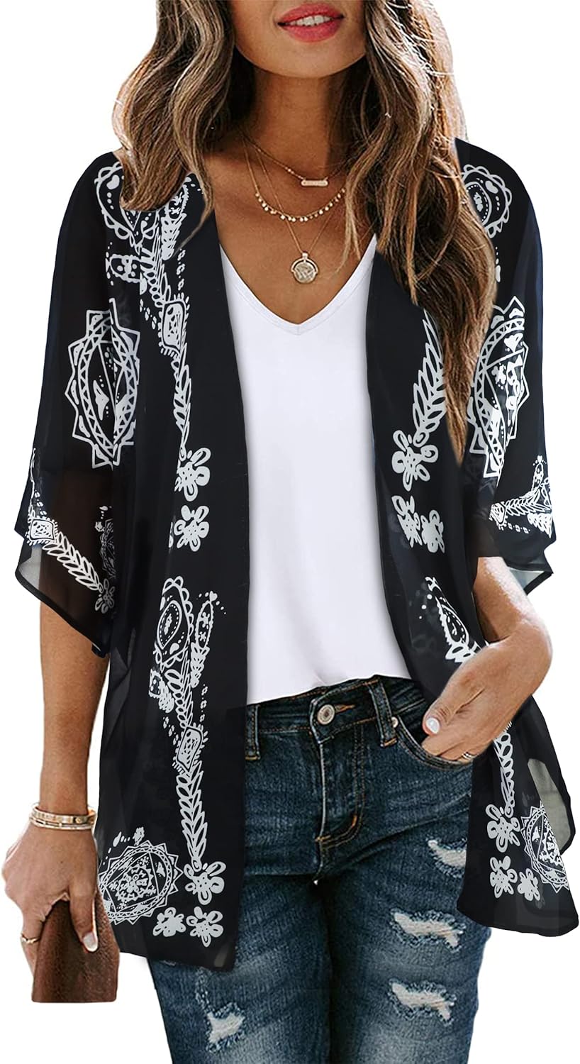 CHICGAL Womens Floral Kimono Cardigan Beach Cover Up Casual Summer Tops | 2026 Puff Sleeve Open Front Chiffon Outfit,Hawaiian Shirt,Beach Vacation Swimwear, Plus Top,Boho ladies Blouse,Cruise Resort