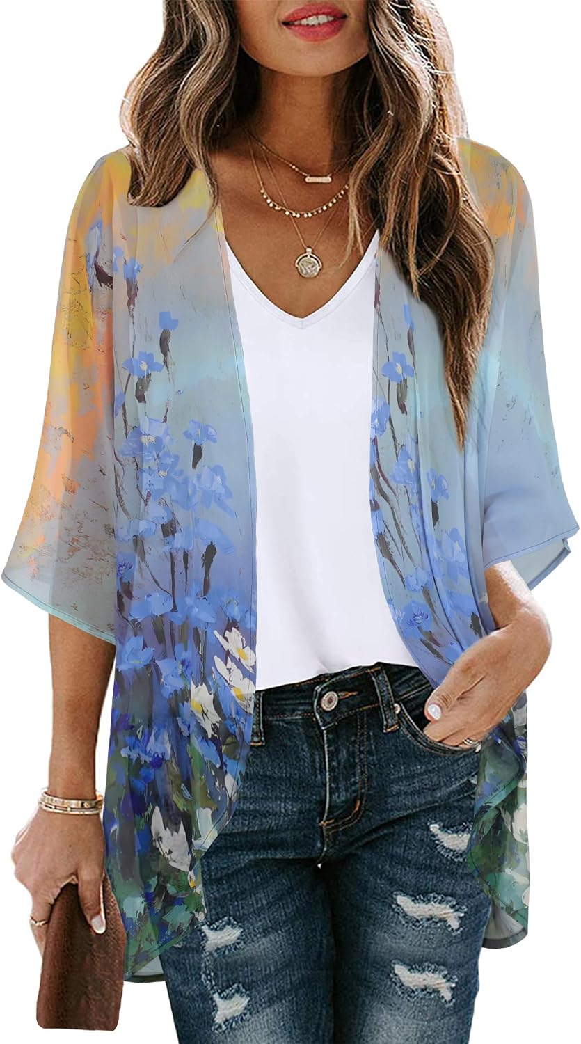 CHICGAL Womens Floral Kimono Cardigan Beach Cover Up Casual Summer Tops | 2026 Puff Sleeve Open Front Chiffon Outfit,Hawaiian Shirt,Beach Vacation Swimwear, Plus Top,Boho ladies Blouse,Cruise Resort