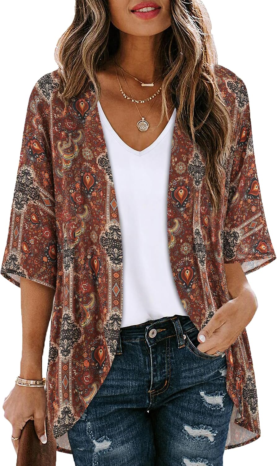 CHICGAL Womens Floral Kimono Cardigan Beach Cover Up Casual Summer Tops | 2026 Puff Sleeve Open Front Chiffon Outfit,Hawaiian Shirt,Beach Vacation Swimwear, Plus Top,Boho ladies Blouse,Cruise Resort