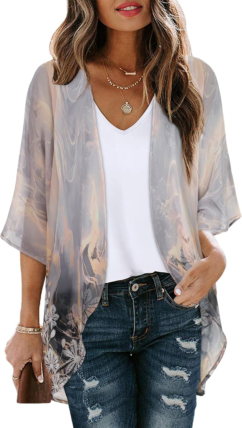 CHICGAL Womens Floral Kimono Cardigan Beach Cover Up Casual Summer Tops | 2026 Puff Sleeve Open Front Chiffon Outfit,Hawaiian Shirt,Beach Vacation Swimwear, Plus Top,Boho ladies Blouse,Cruise Resort