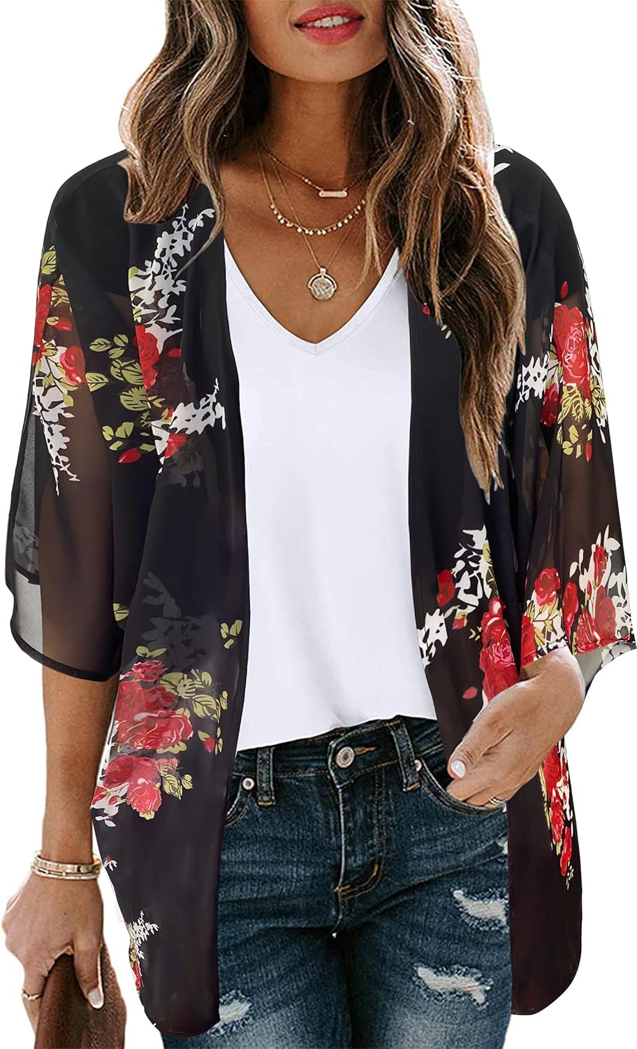 CHICGAL Womens Floral Kimono Cardigan Beach Cover Up Casual Summer Tops | 2026 Puff Sleeve Open Front Chiffon Outfit,Hawaiian Shirt,Beach Vacation Swimwear, Plus Top,Boho ladies Blouse,Cruise Resort