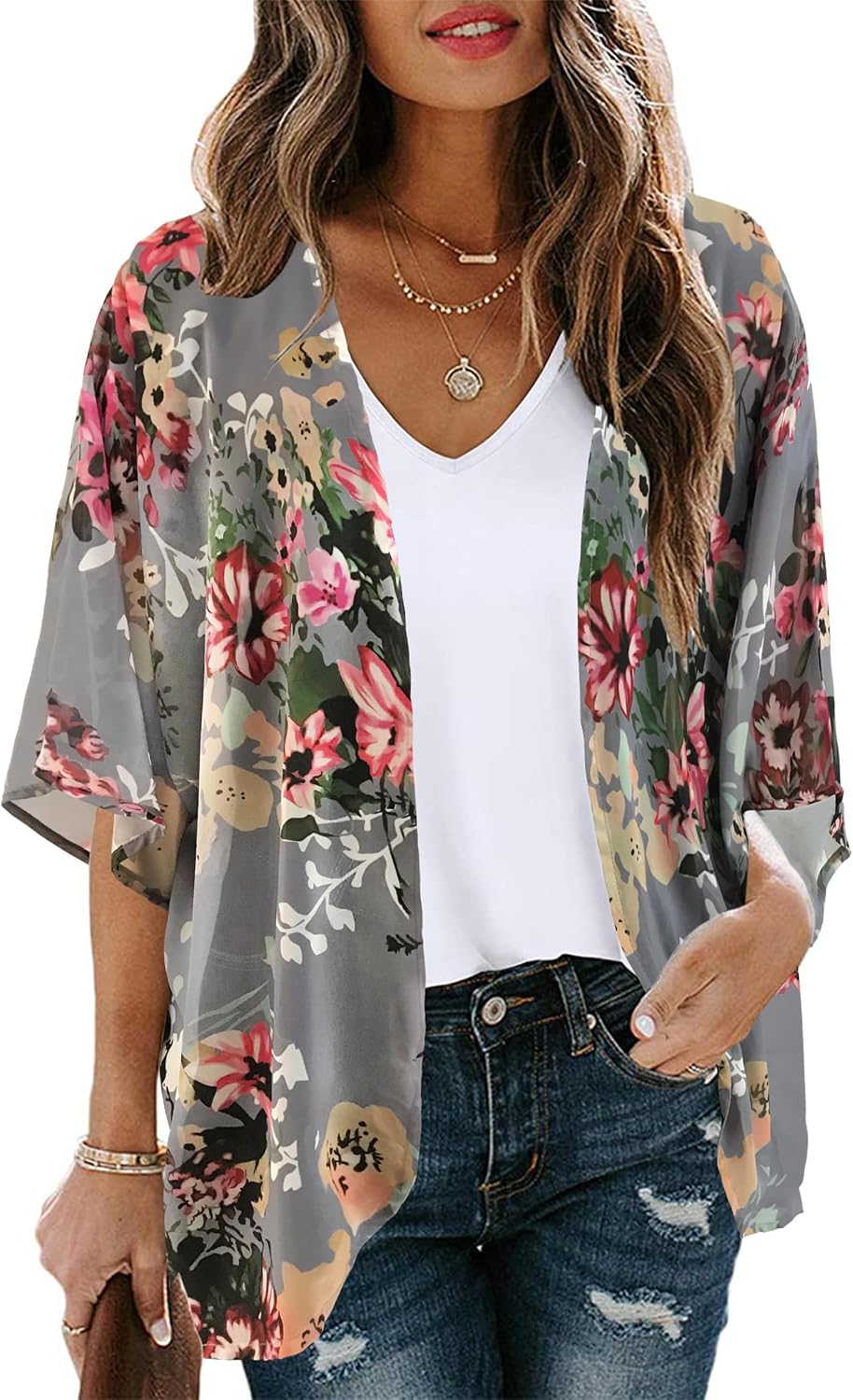CHICGAL Womens Floral Kimono Cardigan Beach Cover Up Casual Summer Tops | 2026 Puff Sleeve Open Front Chiffon Outfit,Hawaiian Shirt,Beach Vacation Swimwear, Plus Top,Boho ladies Blouse,Cruise Resort