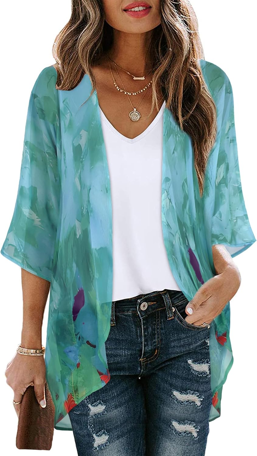 CHICGAL Womens Floral Kimono Cardigan Beach Cover Up Casual Summer Tops | 2026 Puff Sleeve Open Front Chiffon Outfit,Hawaiian Shirt,Beach Vacation Swimwear, Plus Top,Boho ladies Blouse,Cruise Resort