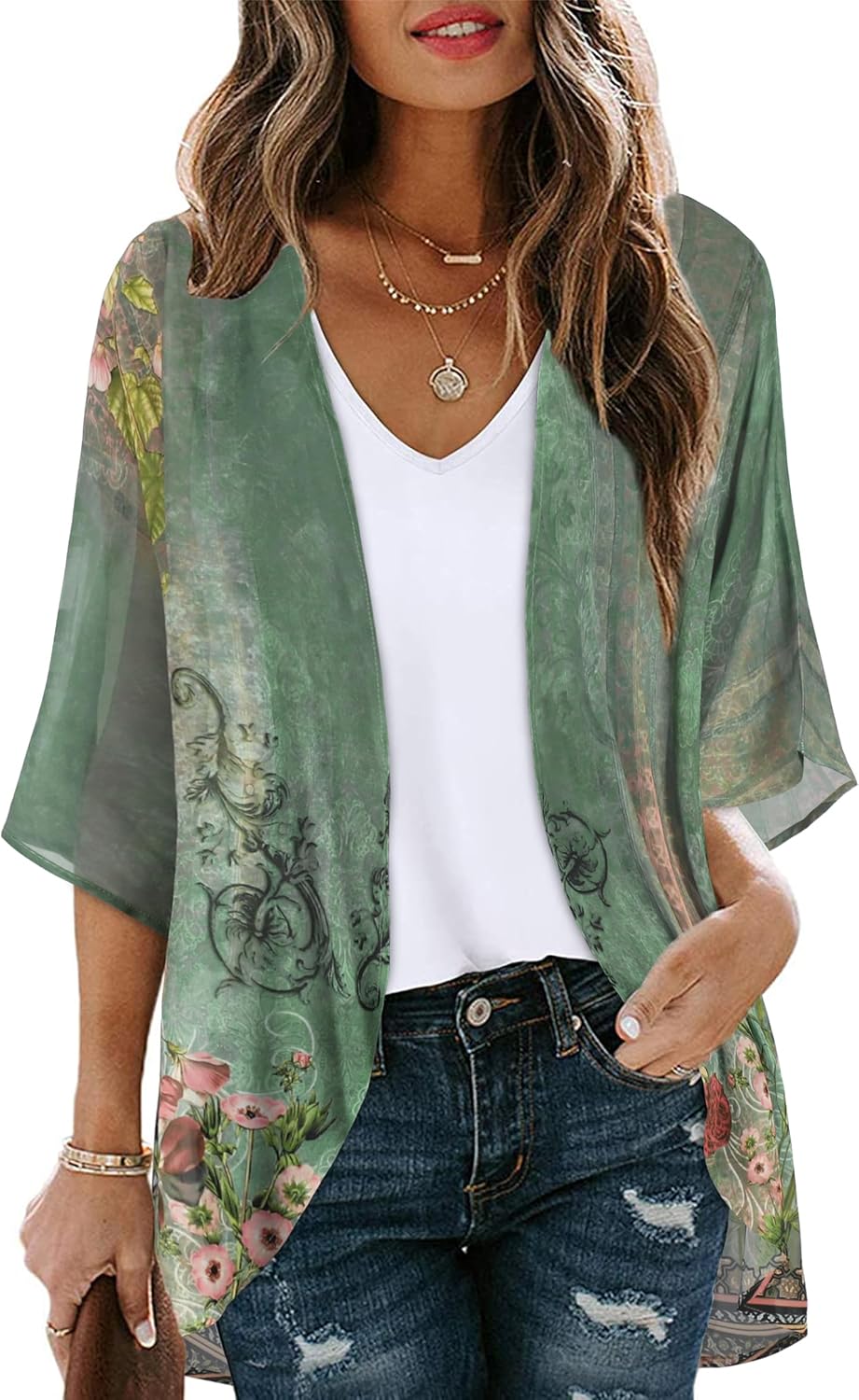 CHICGAL Womens Floral Kimono Cardigan Beach Cover Up Casual Summer Tops | 2026 Puff Sleeve Open Front Chiffon Outfit,Hawaiian Shirt,Beach Vacation Swimwear, Plus Top,Boho ladies Blouse,Cruise Resort
