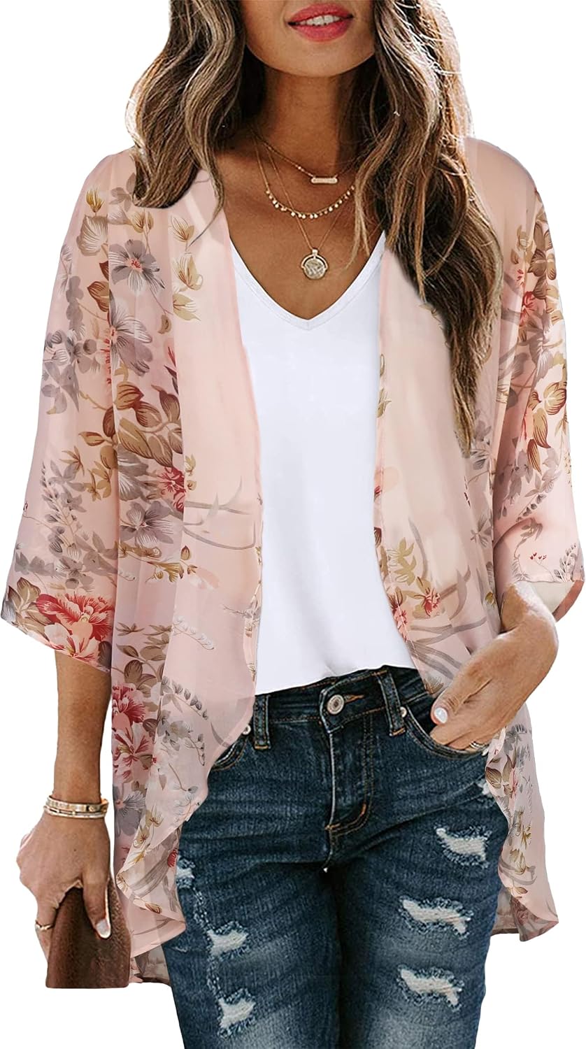 CHICGAL Womens Floral Kimono Cardigan Beach Cover Up Casual Summer Tops | 2026 Puff Sleeve Open Front Chiffon Outfit,Hawaiian Shirt,Beach Vacation Swimwear, Plus Top,Boho ladies Blouse,Cruise Resort