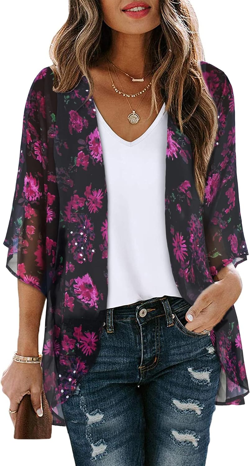 CHICGAL Womens Floral Kimono Cardigan Beach Cover Up Casual Summer Tops | 2026 Puff Sleeve Open Front Chiffon Outfit,Hawaiian Shirt,Beach Vacation Swimwear, Plus Top,Boho ladies Blouse,Cruise Resort