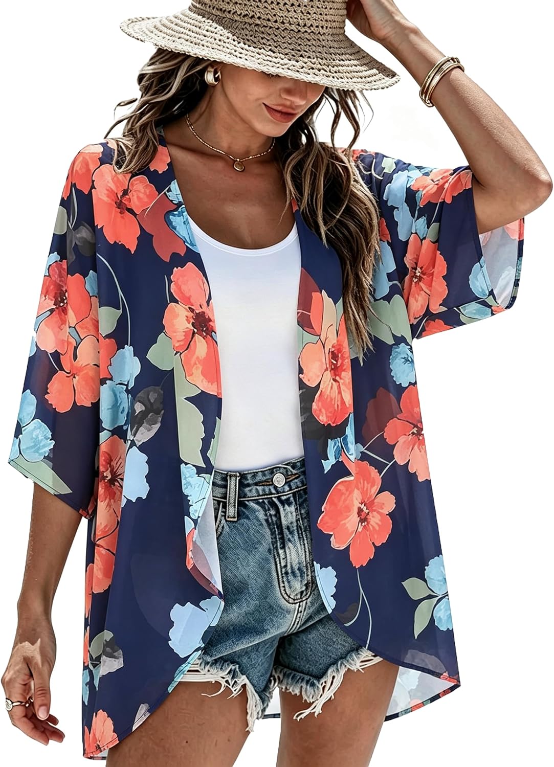 CHICGAL Womens Floral Kimono Cardigan Beach Cover Up Casual Summer Tops | 2026 Puff Sleeve Open Front Chiffon Outfit,Hawaiian Shirt,Beach Vacation Swimwear, Plus Top,Boho ladies Blouse,Cruise Resort
