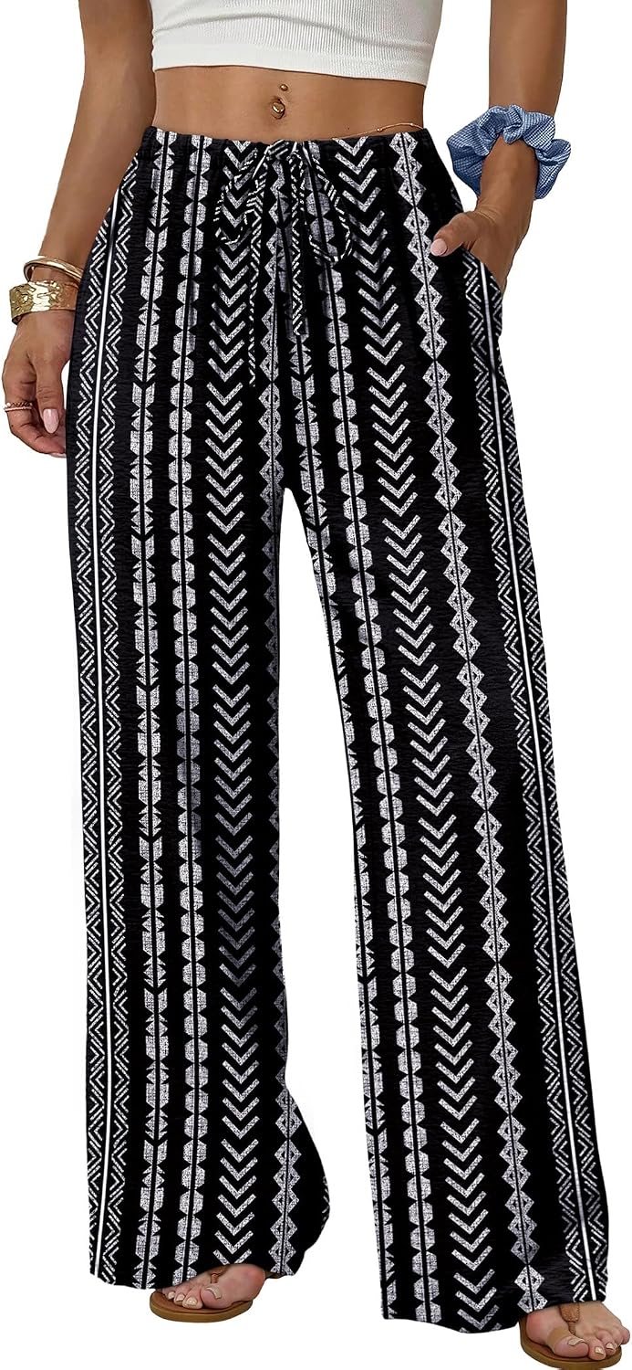 Sampeel Wide Leg Pants for Women Flowy Palazzo Drawstring Elastic Waist Trousers with Pockets Summer Beach Vacation Clothes