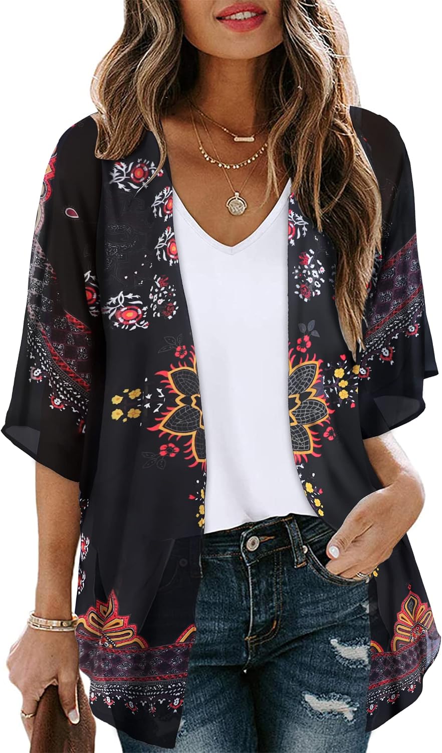 CHICGAL Womens Floral Kimono Cardigan Beach Cover Up Casual Summer Tops | 2026 Puff Sleeve Open Front Chiffon Outfit,Hawaiian Shirt,Beach Vacation Swimwear, Plus Top,Boho ladies Blouse,Cruise Resort