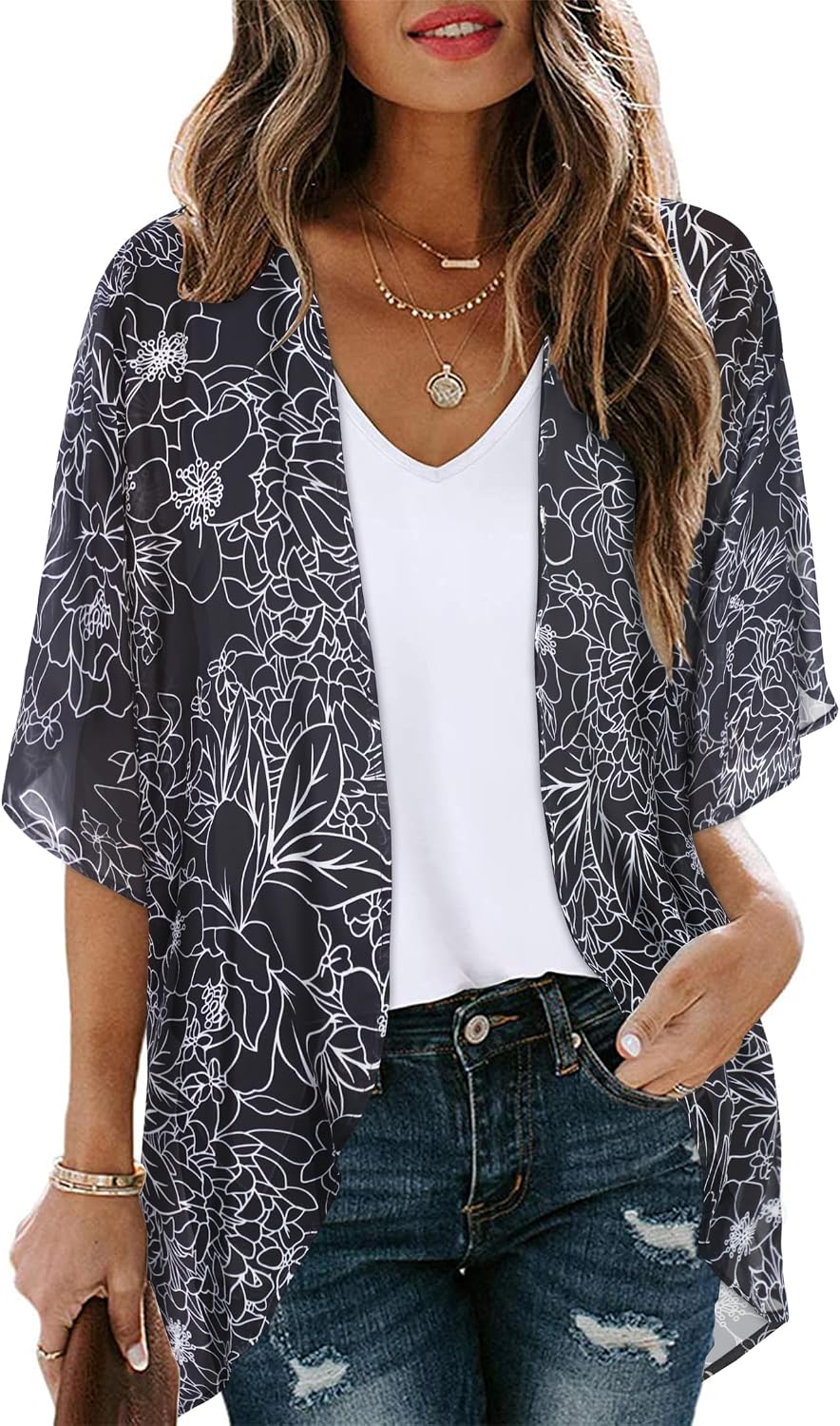 CHICGAL Womens Floral Kimono Cardigan Beach Cover Up Casual Summer Tops | 2026 Puff Sleeve Open Front Chiffon Outfit,Hawaiian Shirt,Beach Vacation Swimwear, Plus Top,Boho ladies Blouse,Cruise Resort