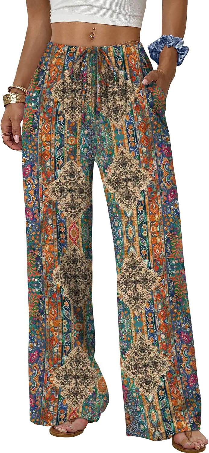 Sampeel Wide Leg Pants for Women Flowy Palazzo Drawstring Elastic Waist Trousers with Pockets Summer Beach Vacation Clothes