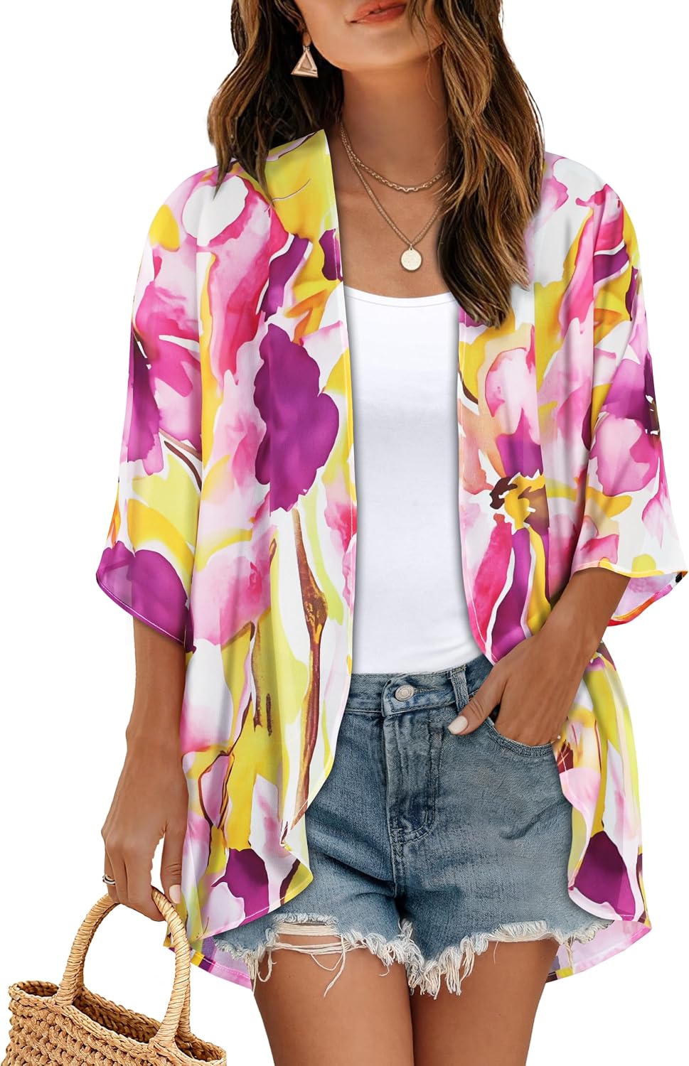 CHICGAL Womens Floral Kimono Cardigan Beach Cover Up Casual Summer Tops | 2026 Puff Sleeve Open Front Chiffon Outfit,Hawaiian Shirt,Beach Vacation Swimwear, Plus Top,Boho ladies Blouse,Cruise Resort
