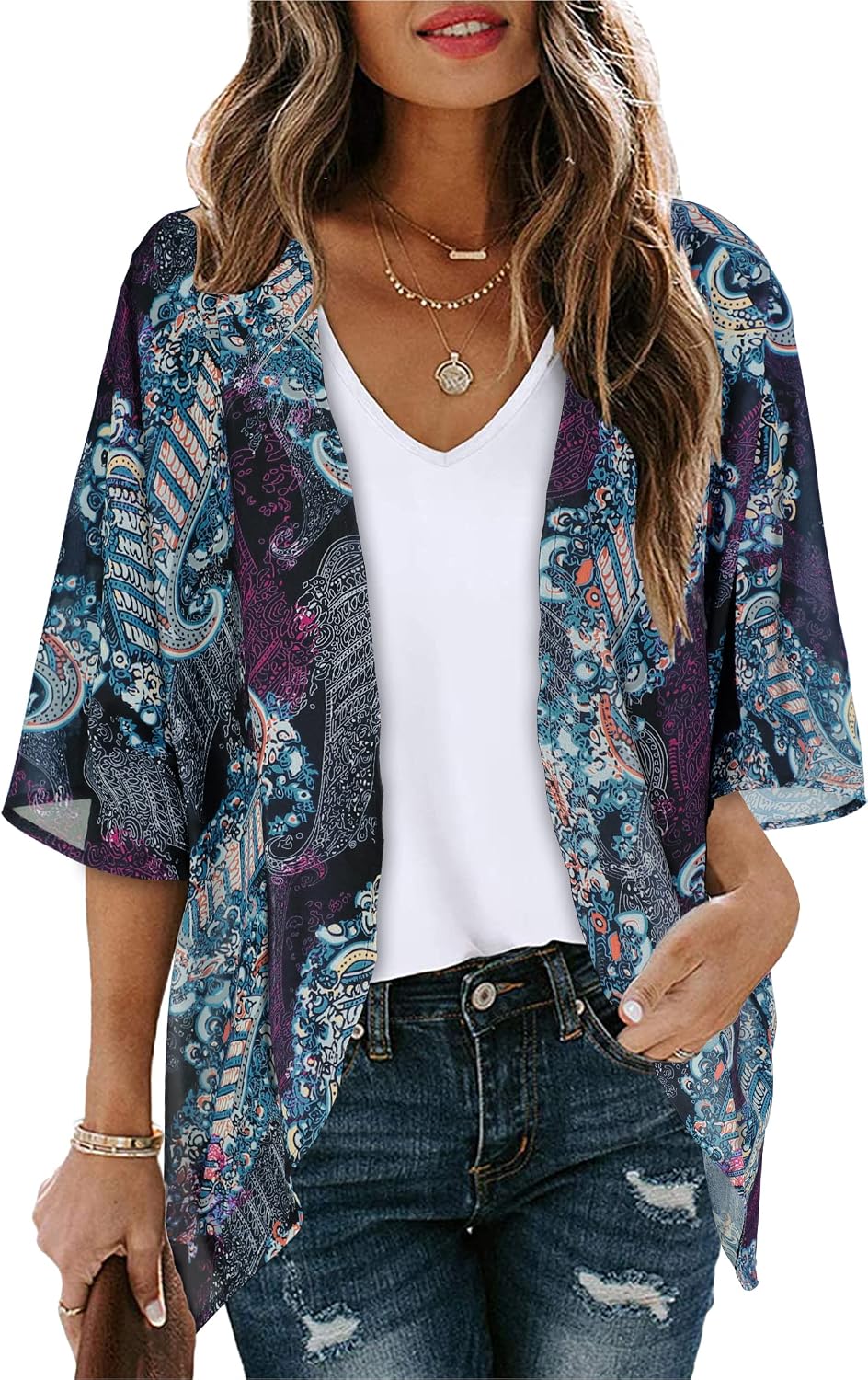 CHICGAL Womens Floral Kimono Cardigan Beach Cover Up Casual Summer Tops | 2026 Puff Sleeve Open Front Chiffon Outfit,Hawaiian Shirt,Beach Vacation Swimwear, Plus Top,Boho ladies Blouse,Cruise Resort