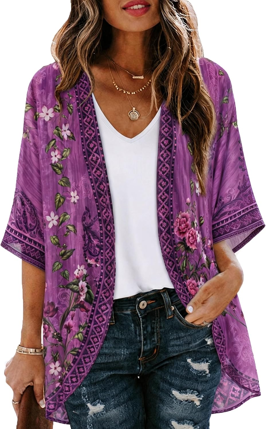 CHICGAL Womens Floral Kimono Cardigan Beach Cover Up Casual Summer Tops | 2026 Puff Sleeve Open Front Chiffon Outfit,Hawaiian Shirt,Beach Vacation Swimwear, Plus Top,Boho ladies Blouse,Cruise Resort