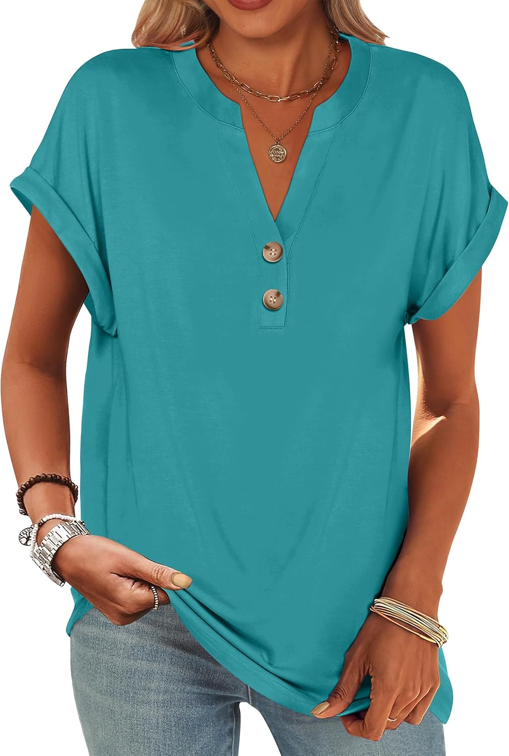 ANRABESS Womens Short Sleeve Henley Tops V Neck Dressy Casual Blouses Summer Trendy Tee Shirts 2026 Vacation Fashion Clothes