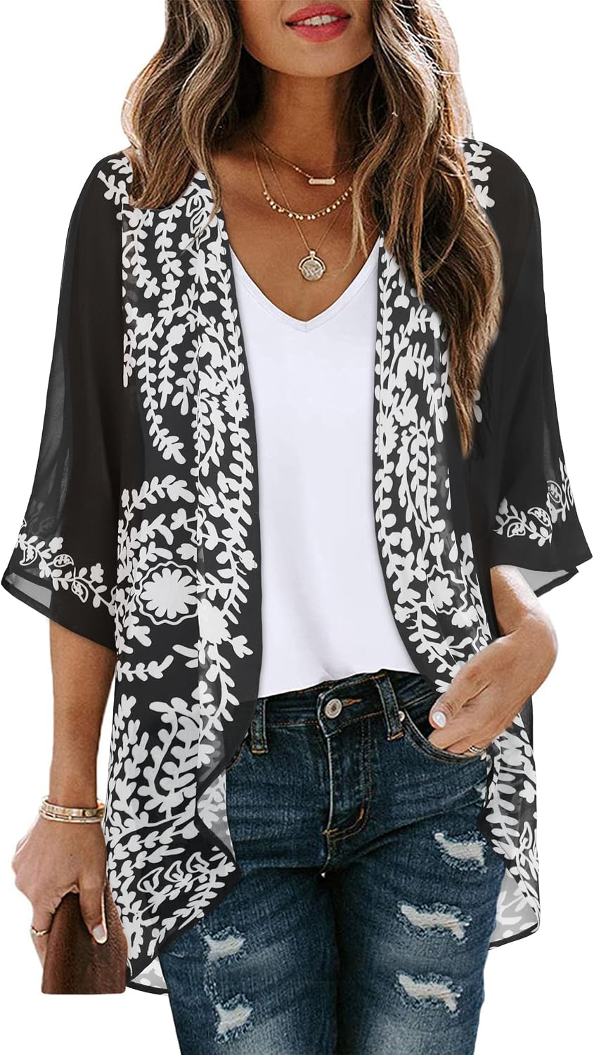 CHICGAL Womens Floral Kimono Cardigan Beach Cover Up Casual Summer Tops | 2026 Puff Sleeve Open Front Chiffon Outfit,Hawaiian Shirt,Beach Vacation Swimwear, Plus Top,Boho ladies Blouse,Cruise Resort