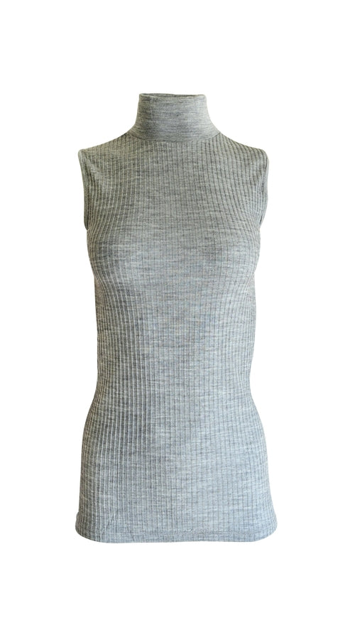 Byzantium Hemera EGI Exclusive Collections Merino wool blend mock neck sleeveless top, in gray, showcasing a close-up of the fabric and neckline.