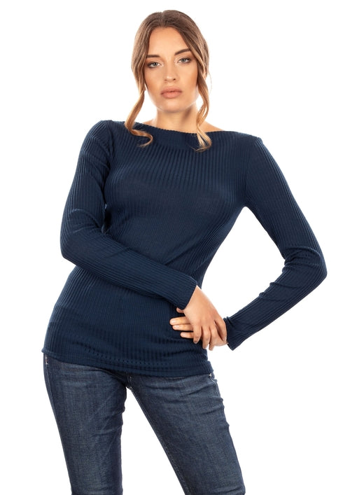 Byzantium Hemera EGI Exclusive Collections Merino wool blend boat neck top with long sleeves, shown on a mannequin.