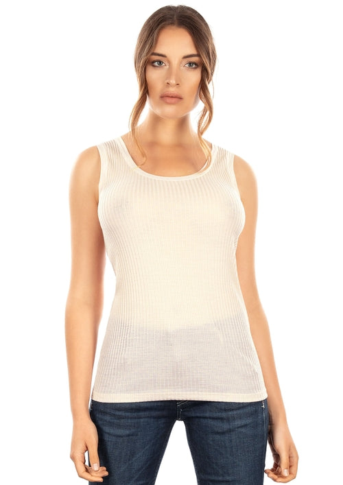 Byzantium Hemera EGI Exclusive Collections Merino wool blend tank top with tulle trim, featuring a sleek design and soft fabric.
