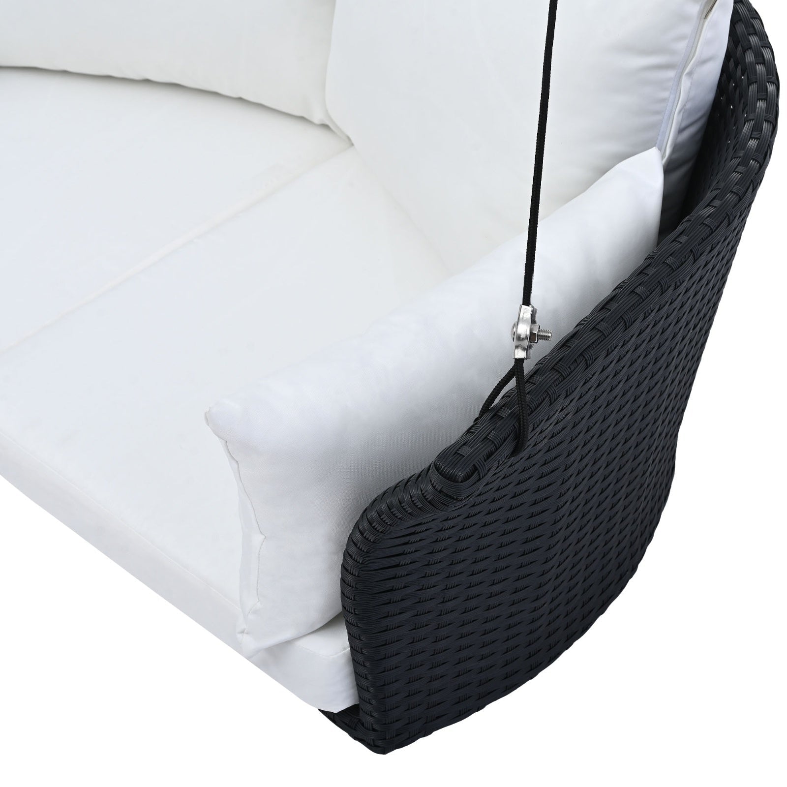 Black wicker hanging porch swing for 2, Carmine Juneberry LuneluX_Home garden rattan swing with white cushions.