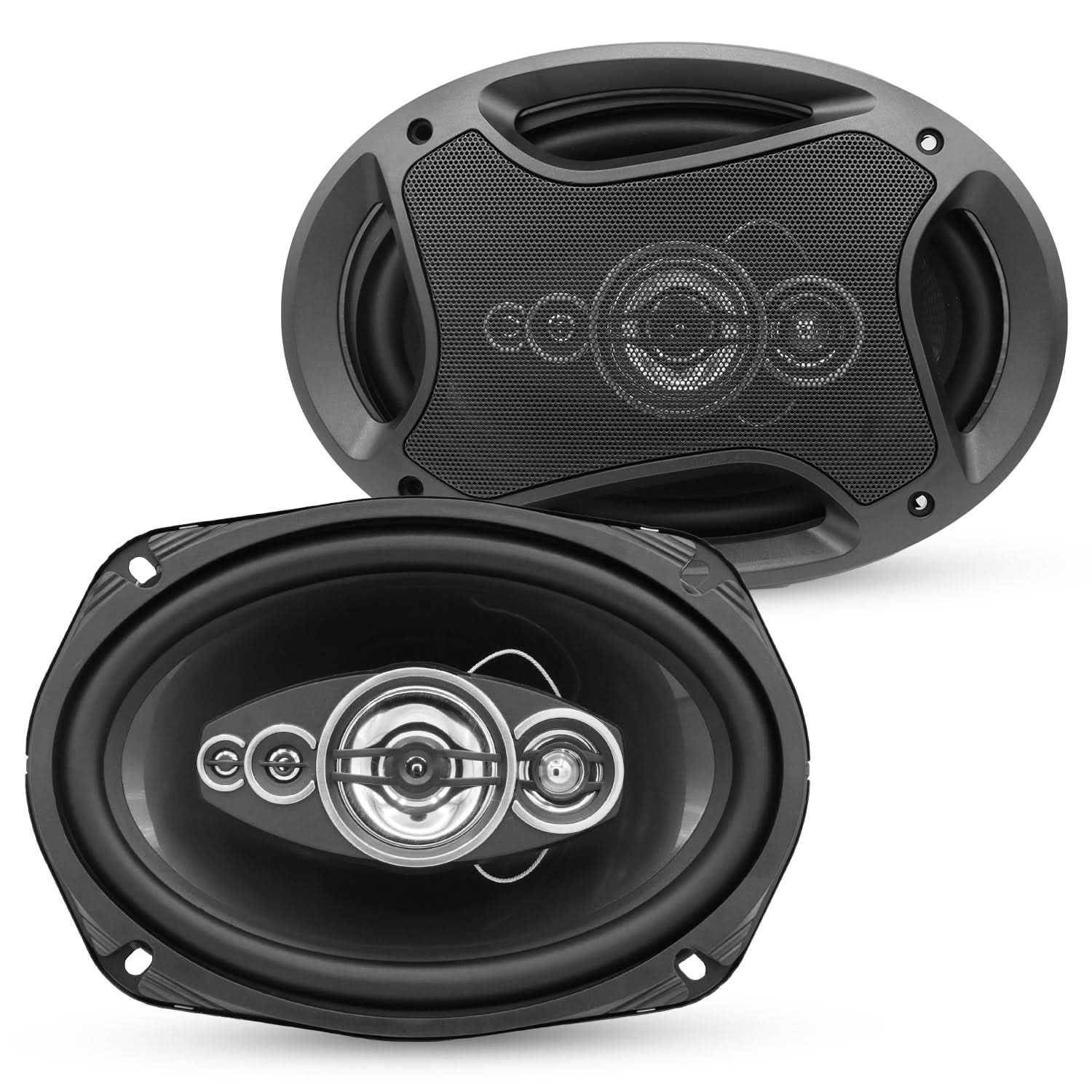 Pair of 5Core 6x9 car speakers from Start2Finish with 800W power, 4 ohm impedance, 4-way coaxial design, and super tweeters.