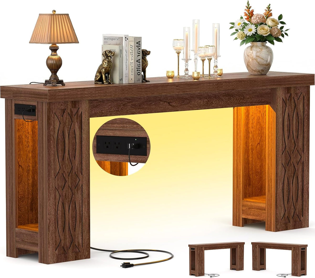 63 Inch Rustic Industrial Console Table With LED Lighting