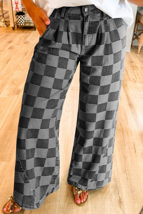 Dark grey checkered denim wide-leg jeans by Carmine Juneberry, showing the relaxed fit and stylish pattern of the pants.