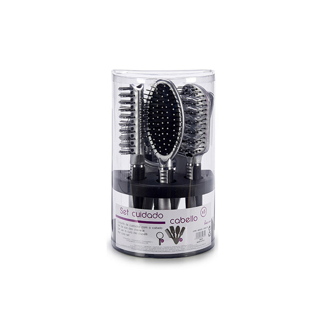 Set of black and purple plastic hair combs and brushes for haircare by Bigbuy, featuring various styling tools.
