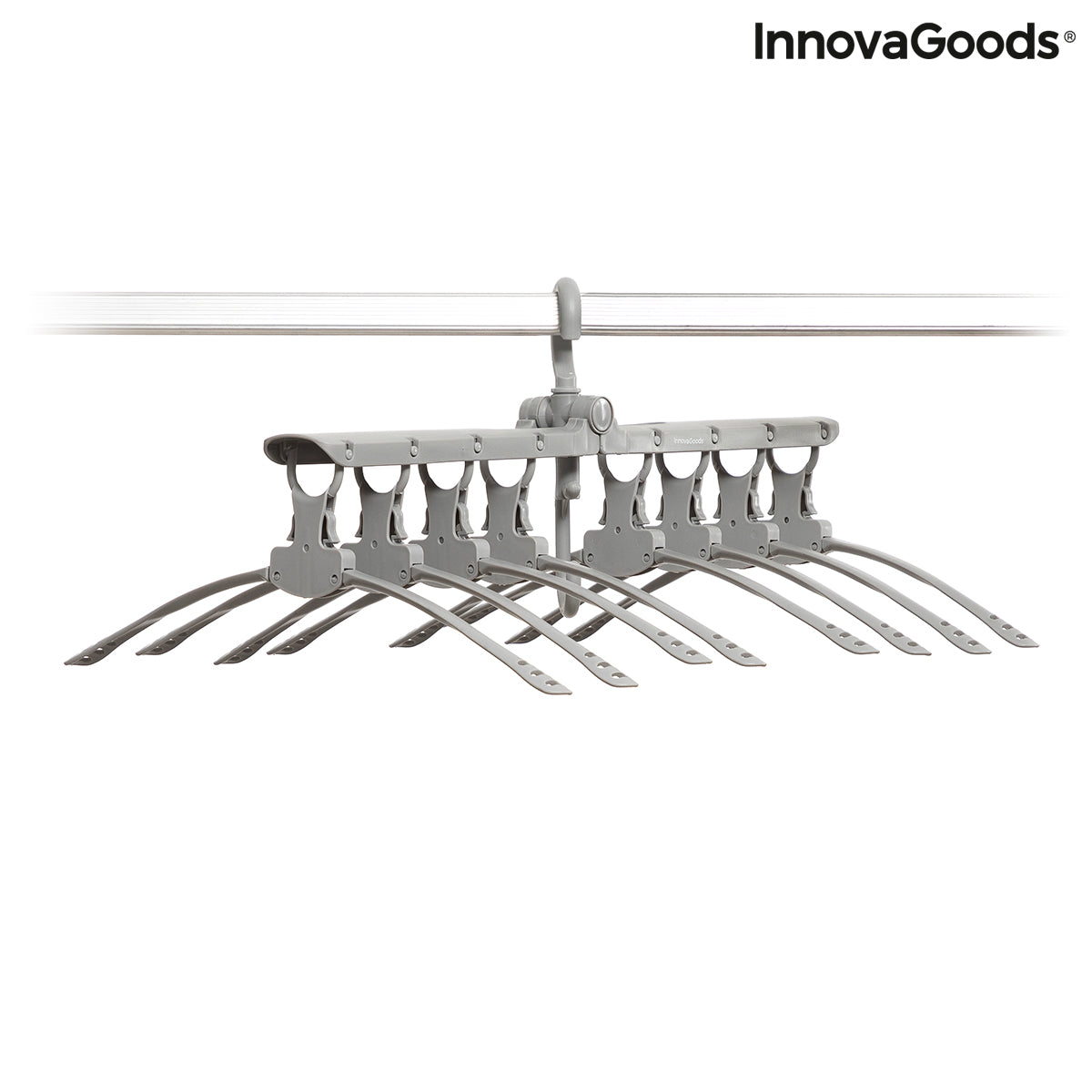 InnovaGoods 8-in-1 Multi Hanger Spavver for organizing clothes and accessories, black plastic with multiple hooks and compartments.
