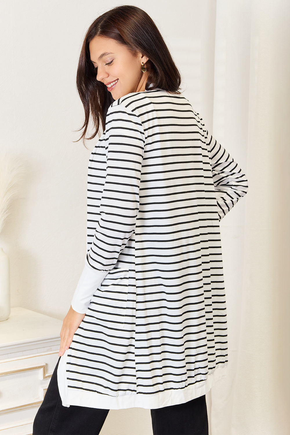 Pear Daisy double take striped open front longline cardigan, cozy knit with bold blue and white stripes, perfect for casual wear