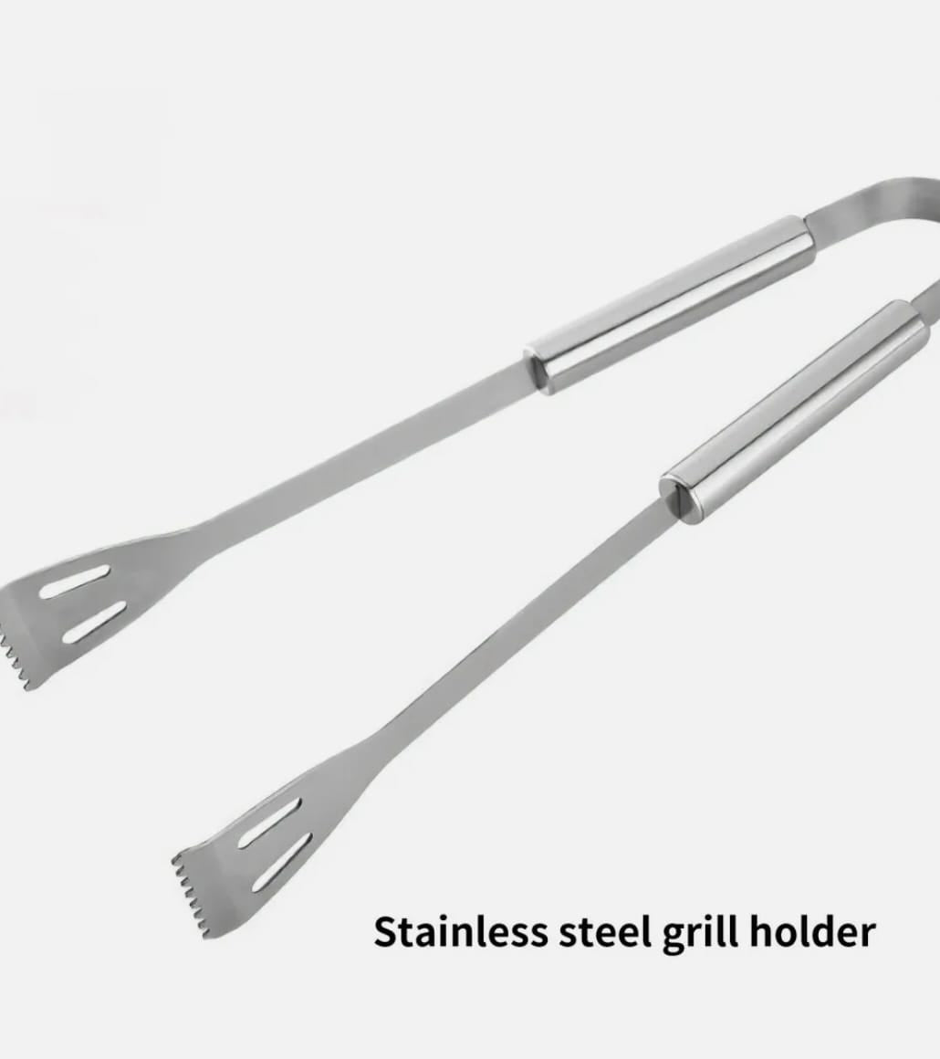 Yellow Pandora 3-piece stainless steel BBQ grill utensils set with tongs, spatula, and fork for outdoor cooking.