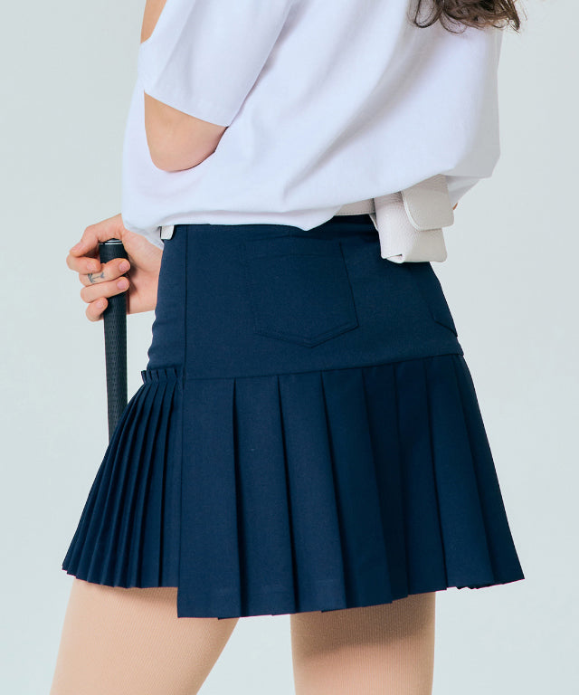 Navy BENECIA 12 asymmetric culottes by Amethyst Lucy, stylish accessories featuring a modern, uneven hem and tailored fit.