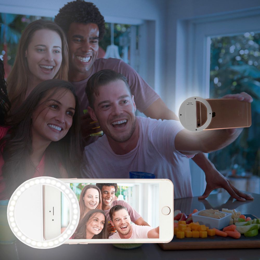 Yellow Pandora portable selfie ring clip-on for mobile phones, adjustable LED ring light for improved selfies and video calls.