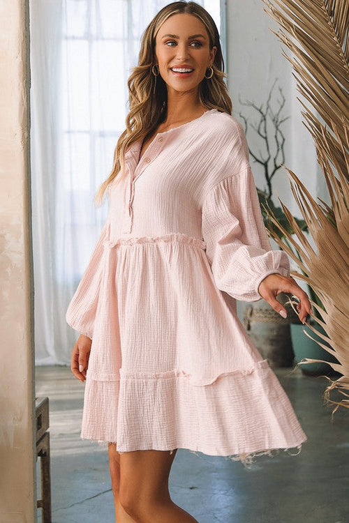 Women’s crinkle distressed puff sleeve flared dress by Jade Icarus, featuring a textured fabric and flowy silhouette.