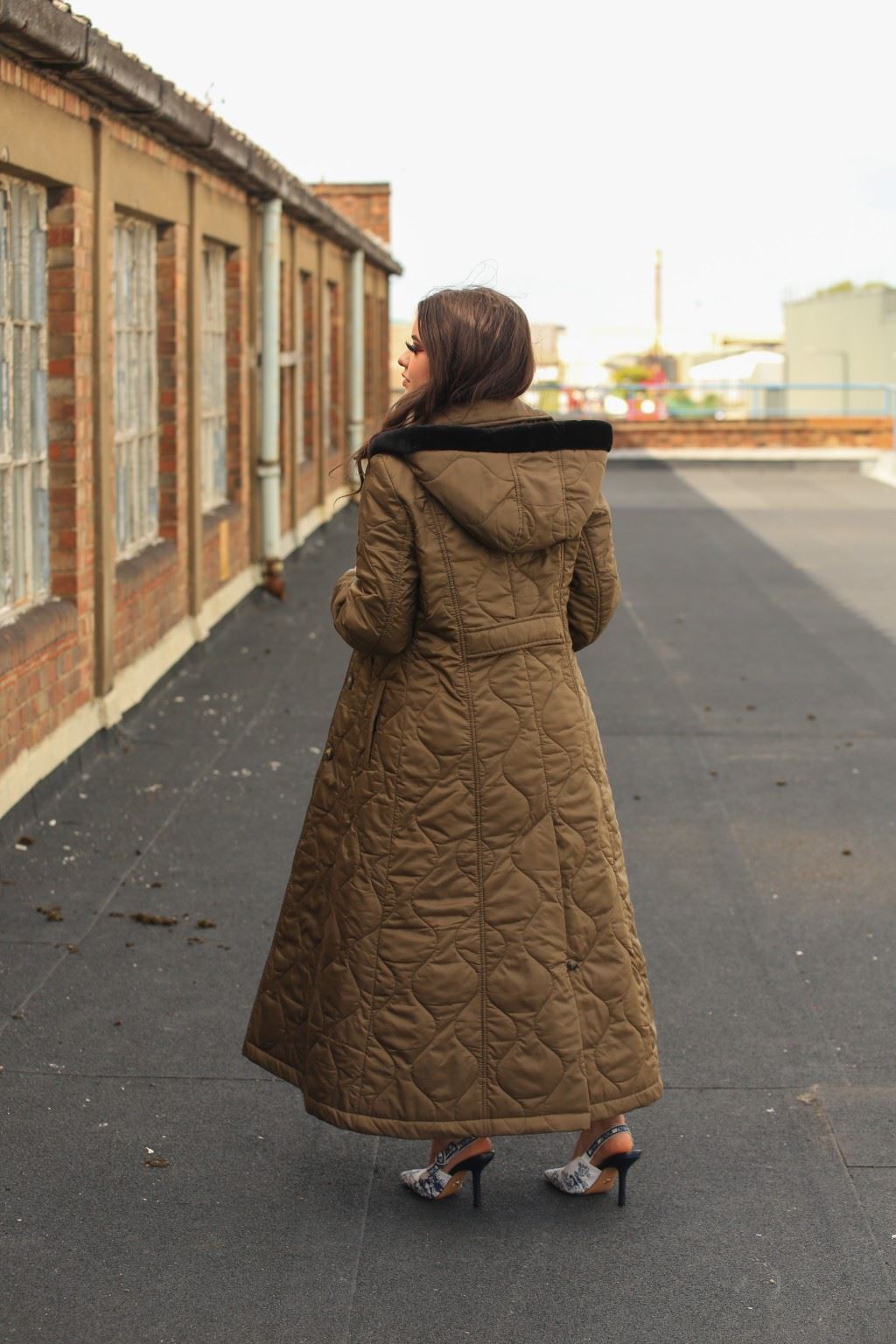 Rose Eleusis quilted longline hooded coat, single-breasted jacket with quilted pattern and hood, stylish outerwear for cold weather.