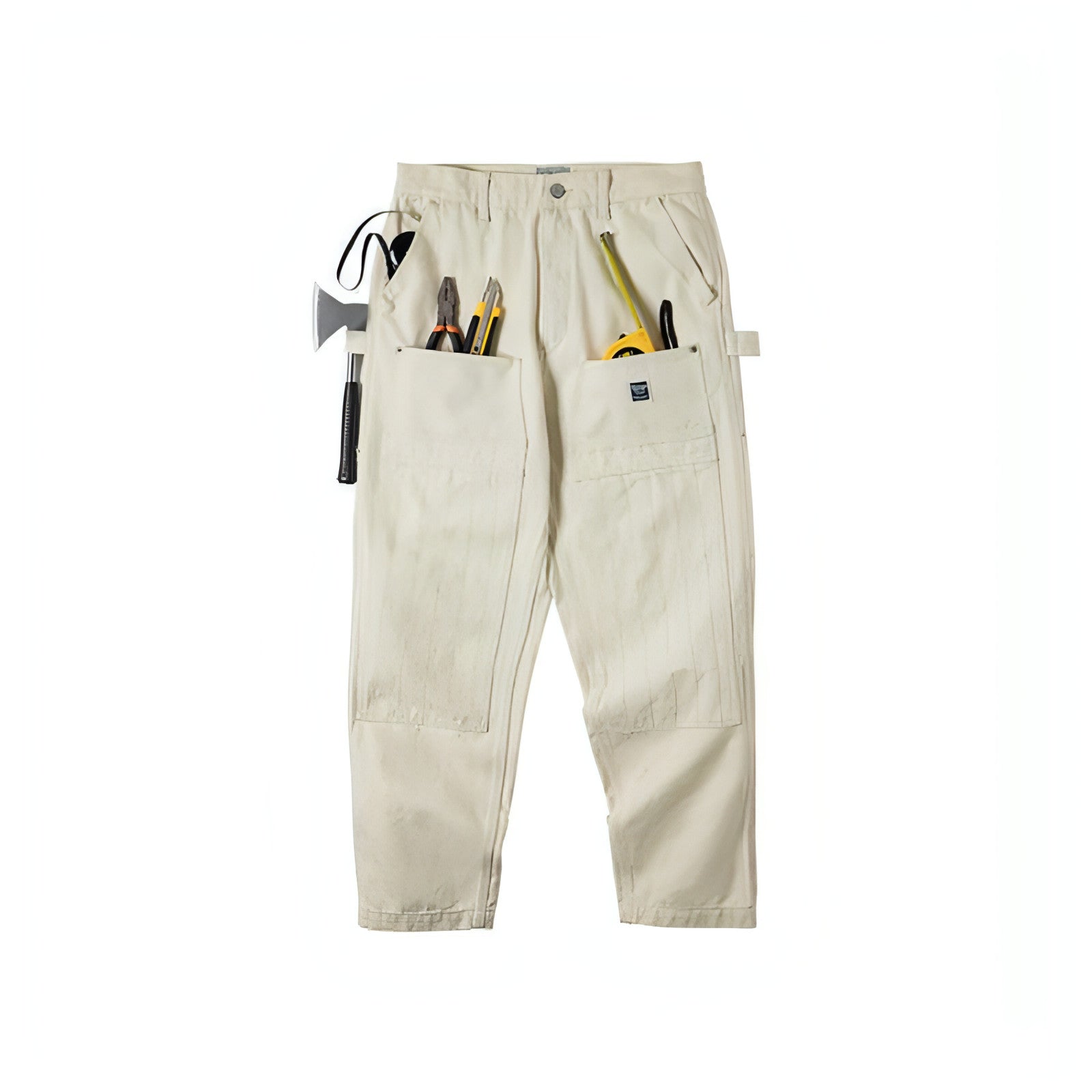 Creamy-white distressed loose jeans for men by Carmine Juneberry, featuring a retro style and relaxed fit.