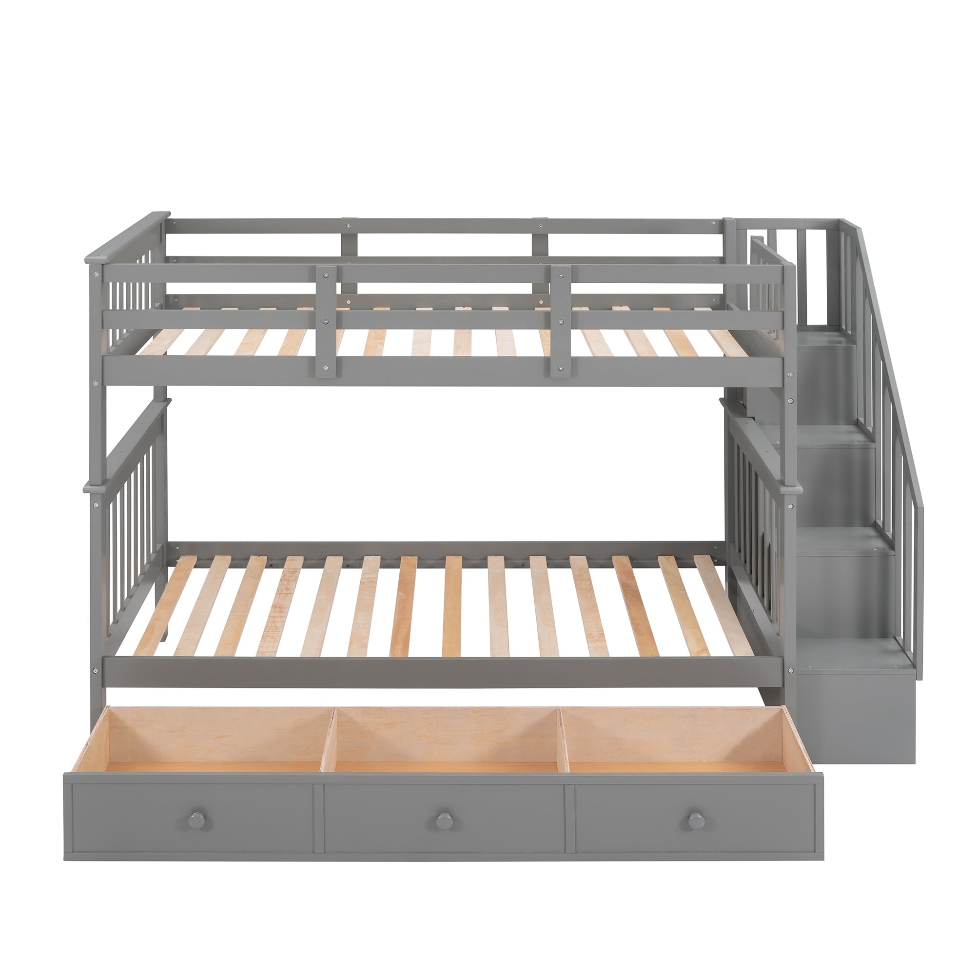 Sangria Beech twin-over-twin bunk bed with three drawers, featuring a sturdy wooden frame for bedroom or dorm use