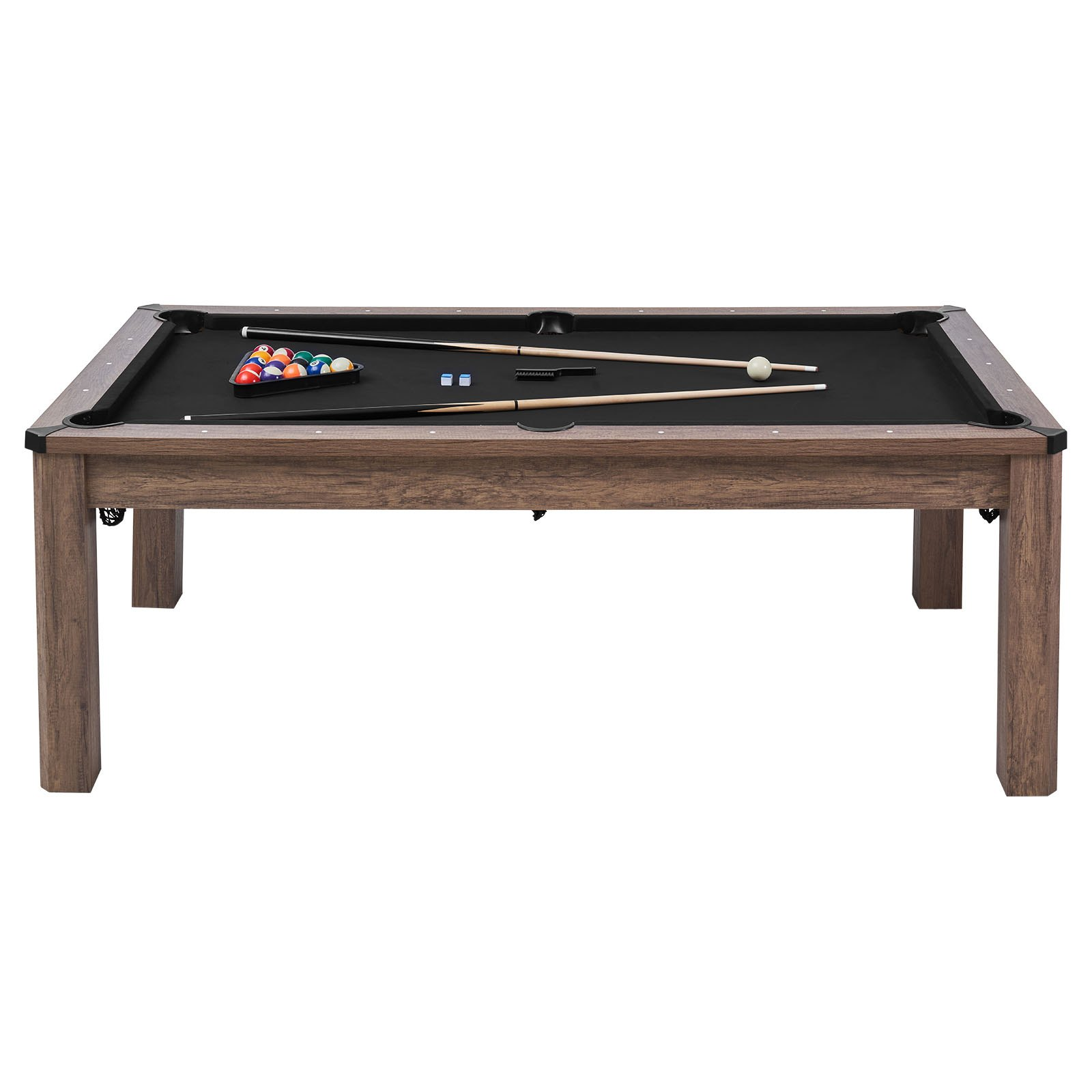 Start2Finish VEVOR 7ft pool table combo with dining top, ping pong, benches, ball rack, cue, chalk, and brush in family recreation room