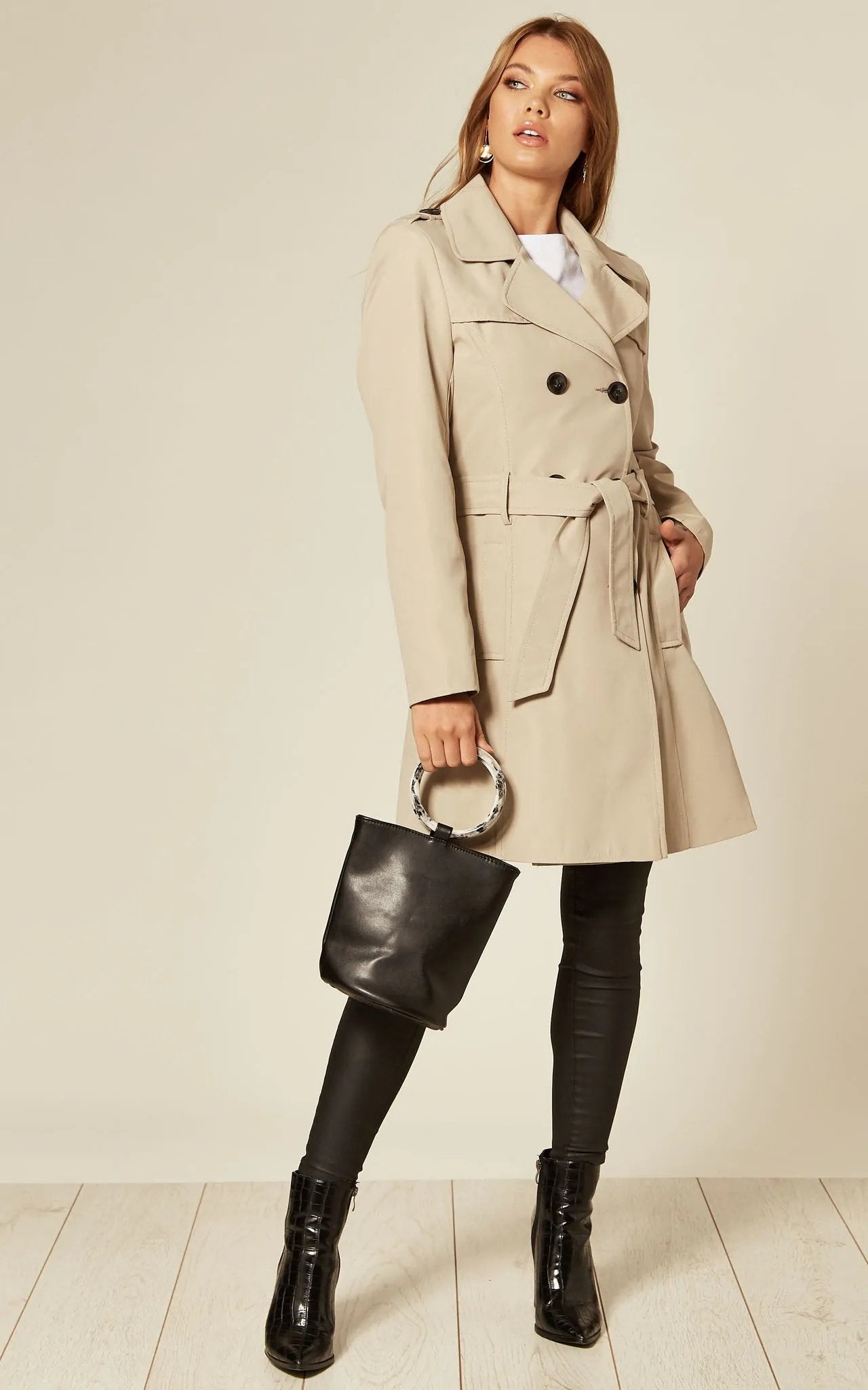 Rose Eleusis spring/summer military double-breasted trench coat in stone color, stylish jackets and coats for seasonal wear.