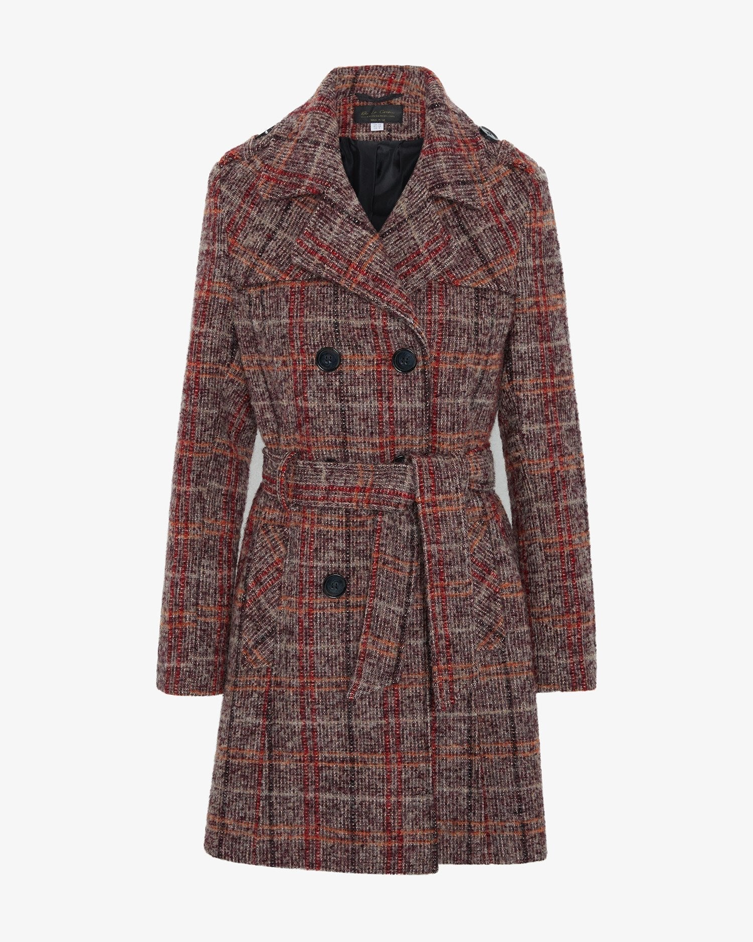 Rose Eleusis wool blend check double-breasted military coat, shown on a hanger, featuring a classic pattern and structured design.