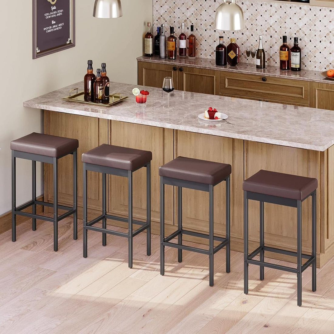Bar Stools Set Of 2 24.8 Inch Height Black PU Upholstered