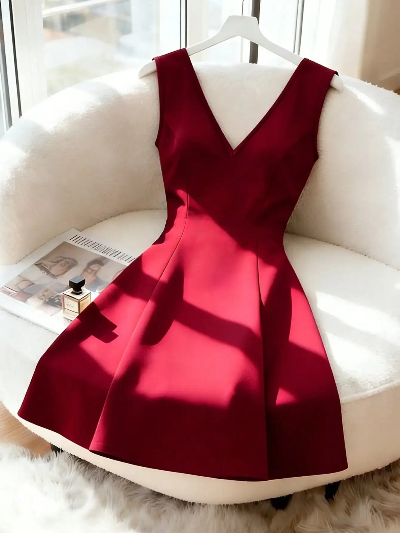 Burgundy elegant backless fitted dress by Start2Finish featuring a V-neck, bowknot waist, European luxury style, suitable for formal events.